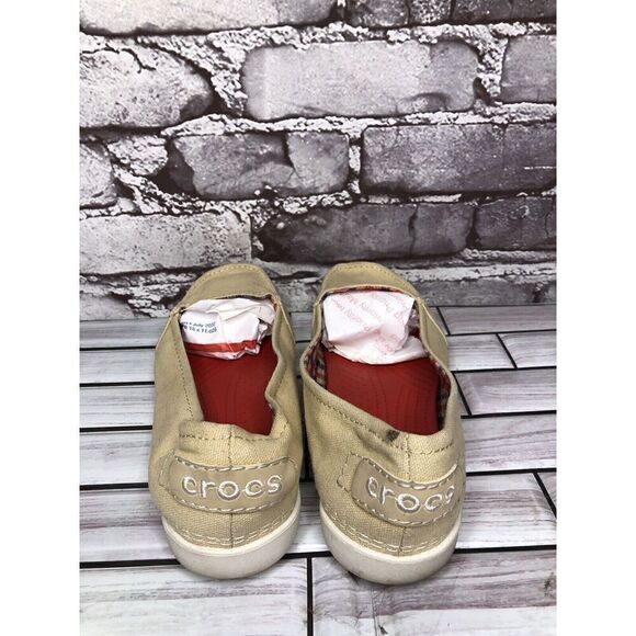 Crocs Melbourne II Khaki Canvas Slip on Loafers Boat Shoes Women’s Sz 6M US/36EU - Picture 7 of 16